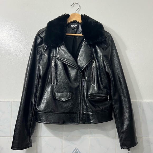 DKNY Black Large Faux Leather Women’s Moto Jacket Zip Front - Picture 1 of 13